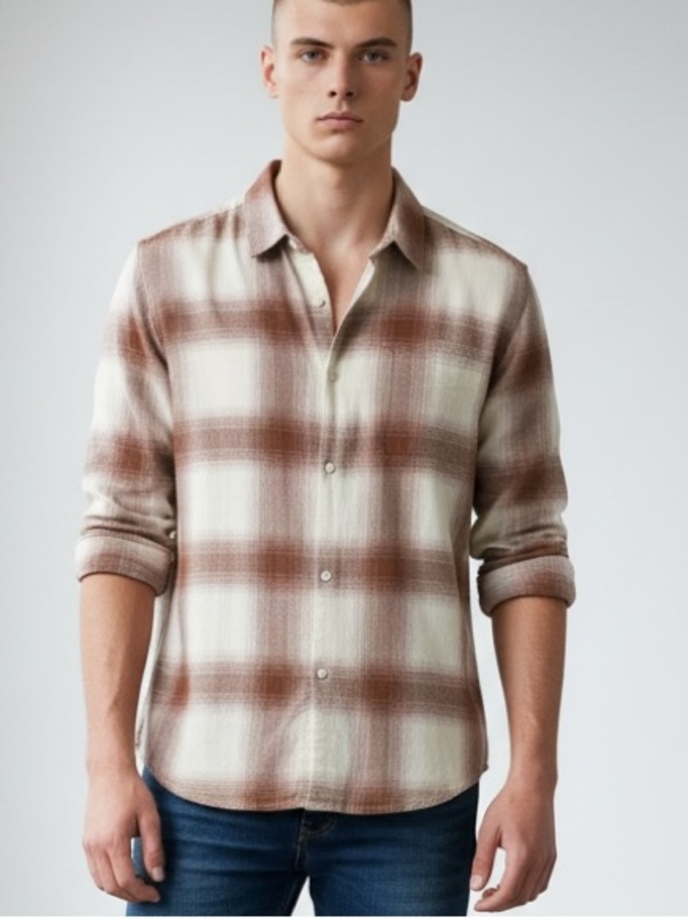 MAGASCHONI | Men’s Brown & Cream Button-Up Blurred Shadow Plaid Shirt M Gradient